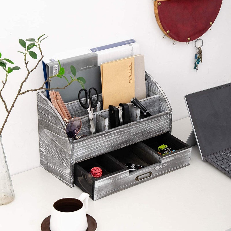 VERGOODR Rustic Wooden Office Desk Organizer 5 Compartment with 2 Drawer &Counter Home Tabletop Desktop Jewelry Mail Rack Storage Box for Pens Notebooks Folders Pencils (Grey white) - Image 5
